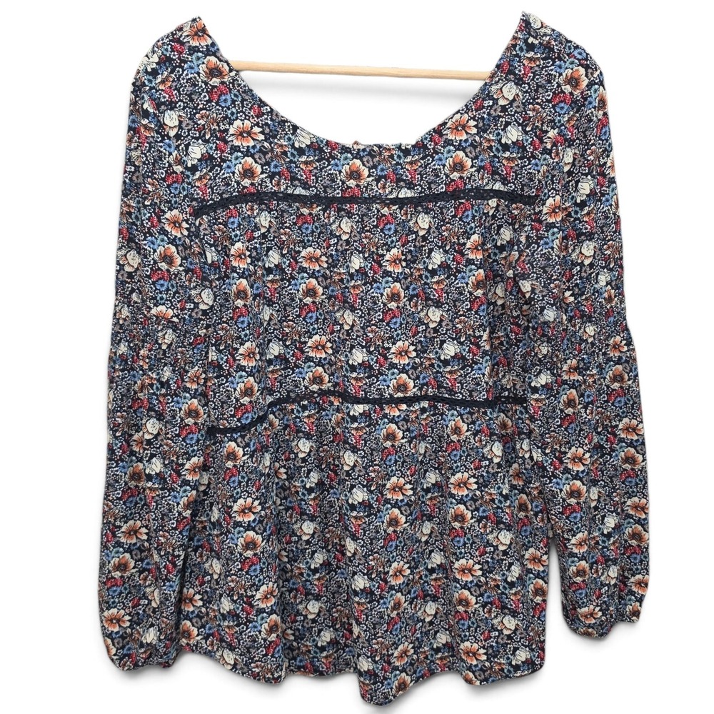 Knox Rose Top Womens Medium Blue Floral Print Boho Tie Peasant Blouse Casual
